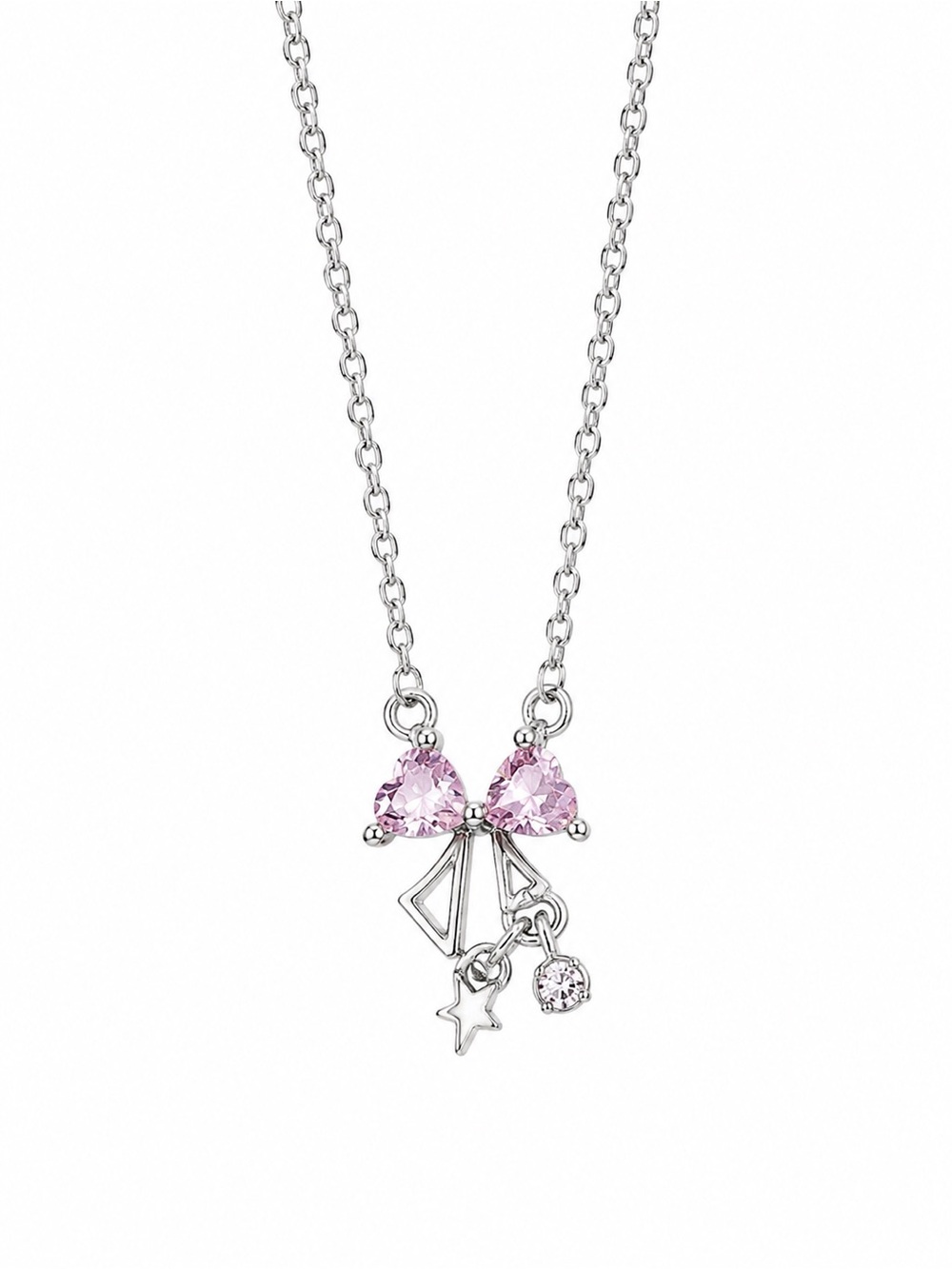Pink Bow Dangle Star and Faux Diamond Necklace